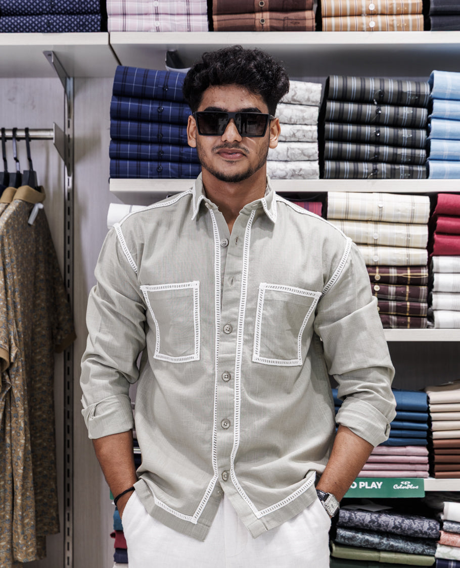 Green Cotton-Blended Casual Shirt