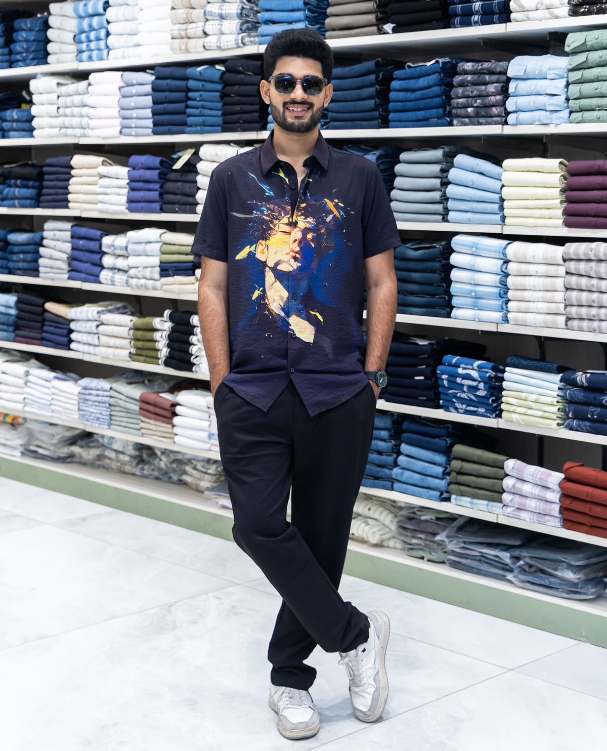 Black Spread Collar Cotton-Blended Casual Shirt
