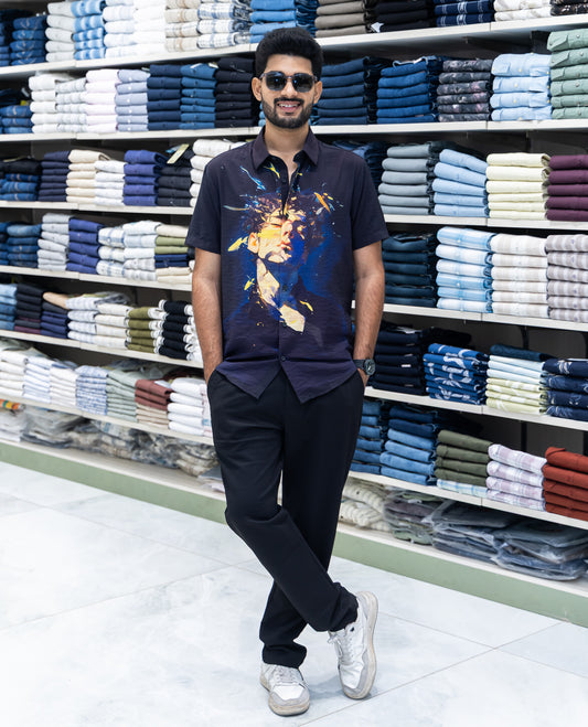 Black Spread Collar Cotton-Blended Casual Shirt