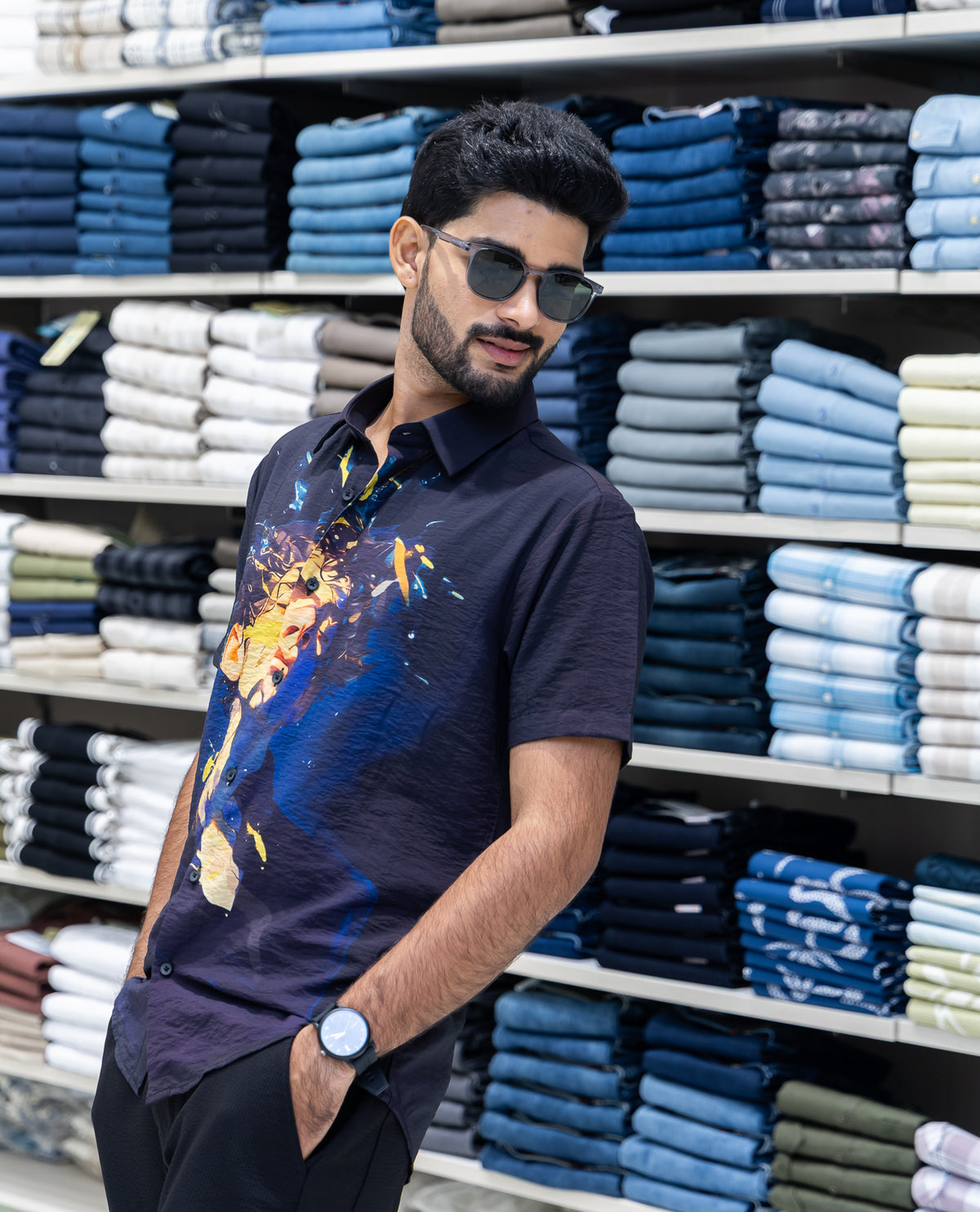 Black Spread Collar Cotton-Blended Casual Shirt