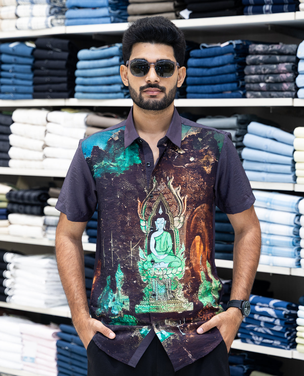 Black Half Sleeves Cotton-Blended Casual Shirt