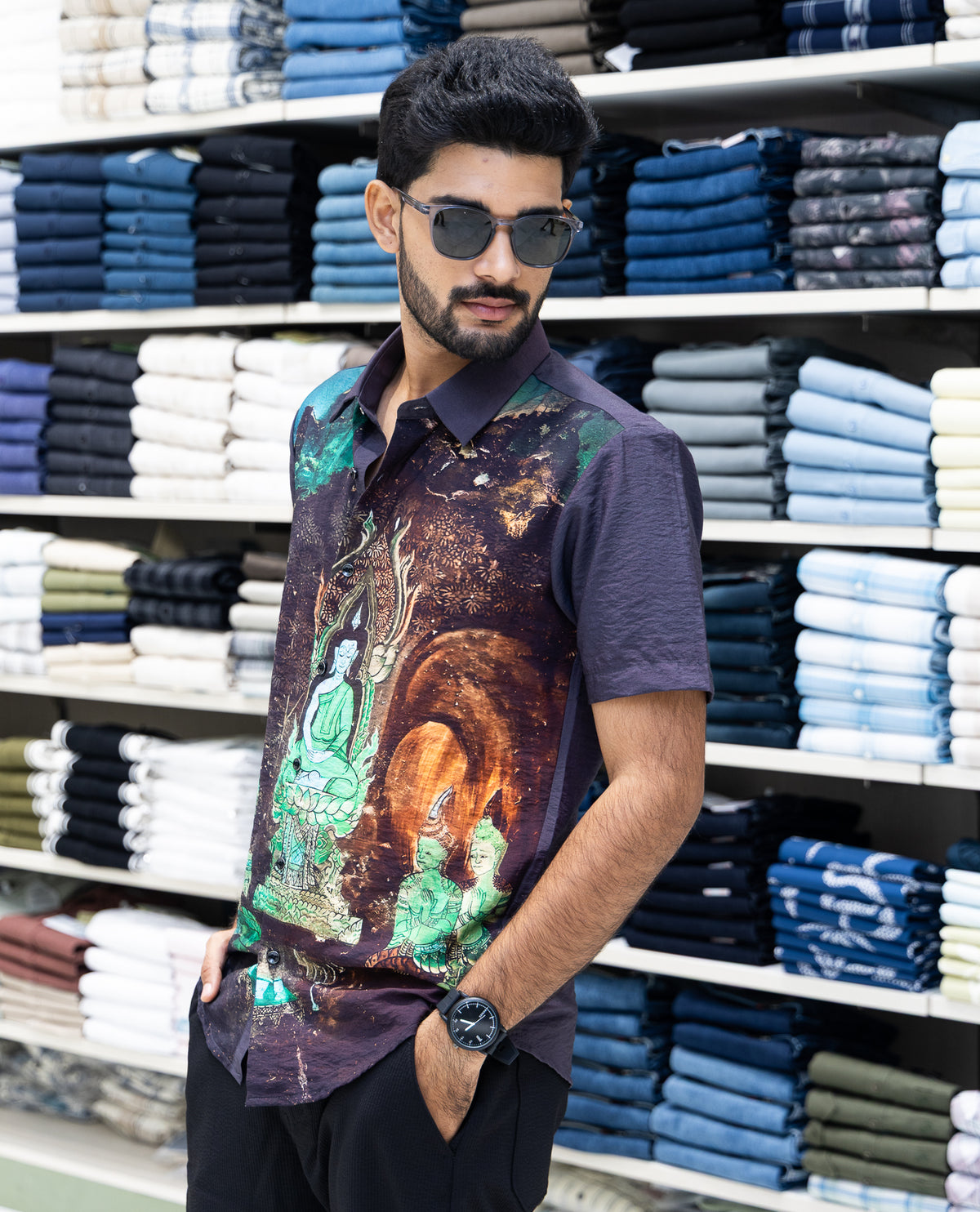 Black Half Sleeves Cotton-Blended Casual Shirt