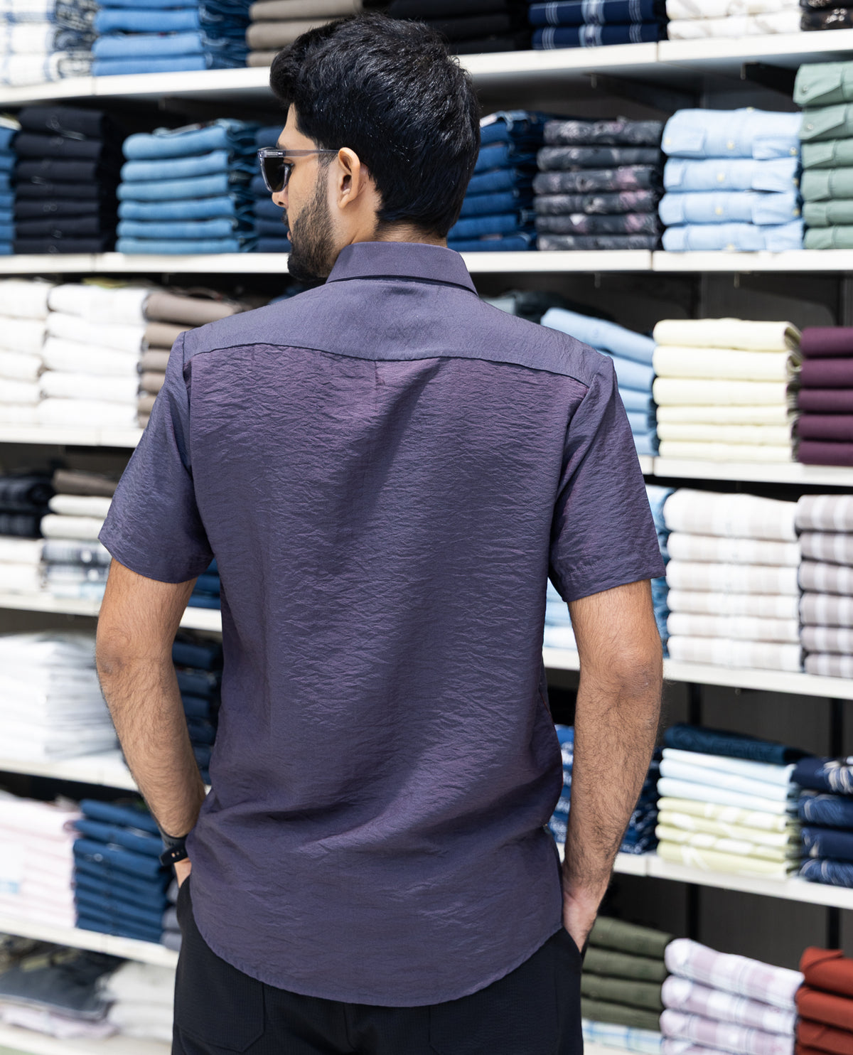 Black Half Sleeves Cotton-Blended Casual Shirt