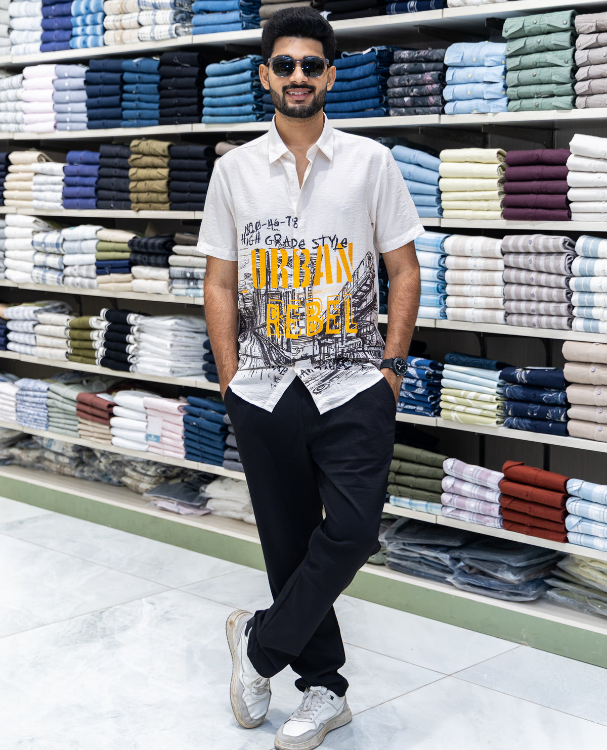 Cream Spread Collar Cotton-Blended Casual Shirt