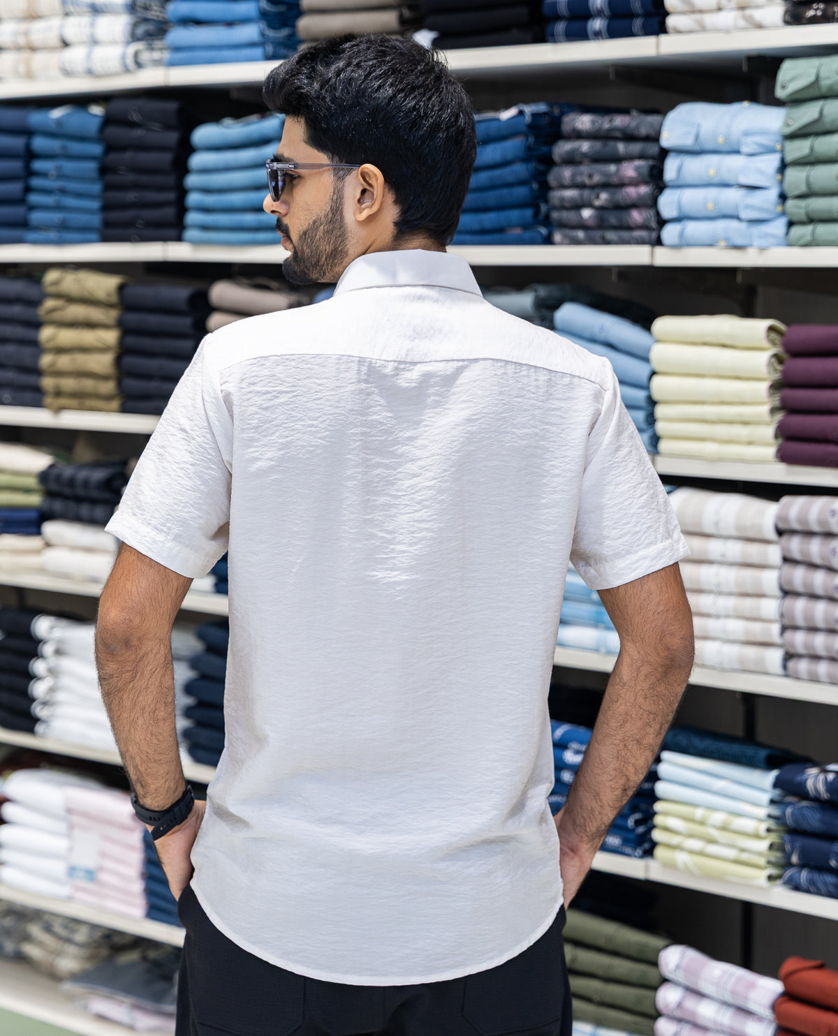 Cream Spread Collar Cotton-Blended Casual Shirt
