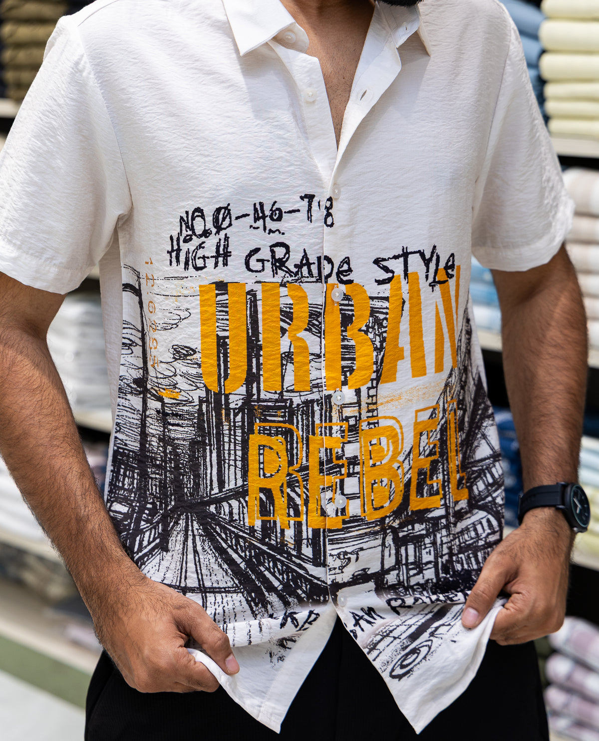 Cream Spread Collar Cotton-Blended Casual Shirt