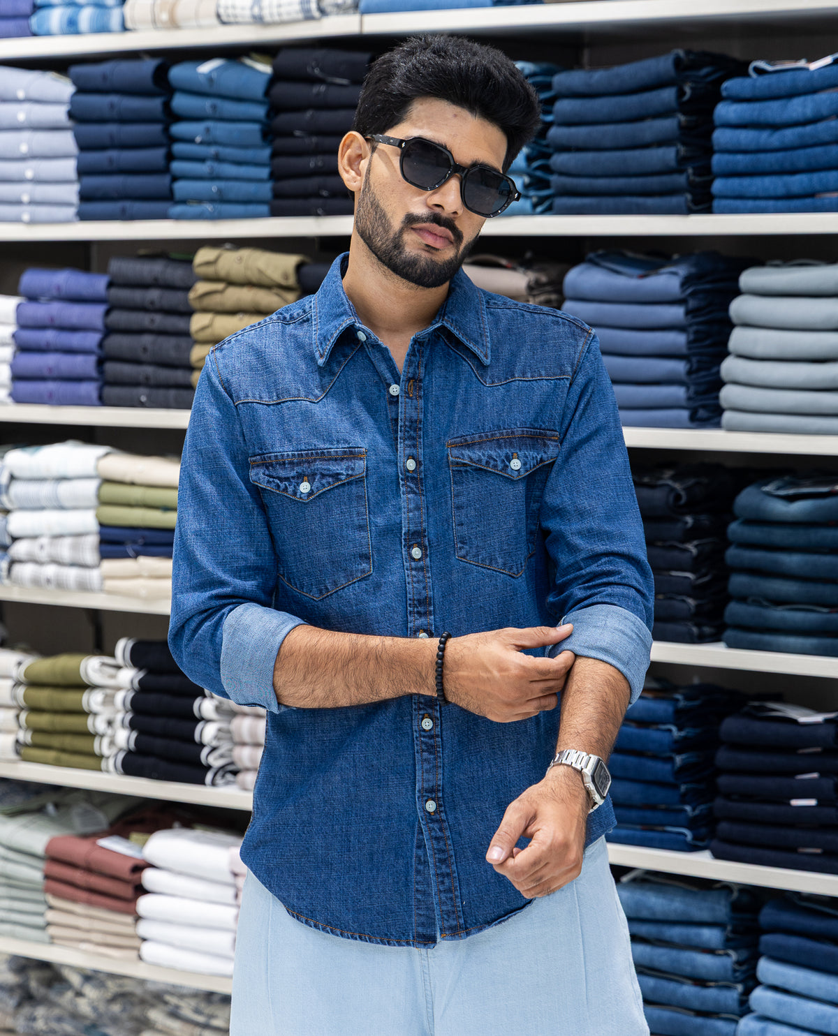 Blue Solid Denim Casual Shirt