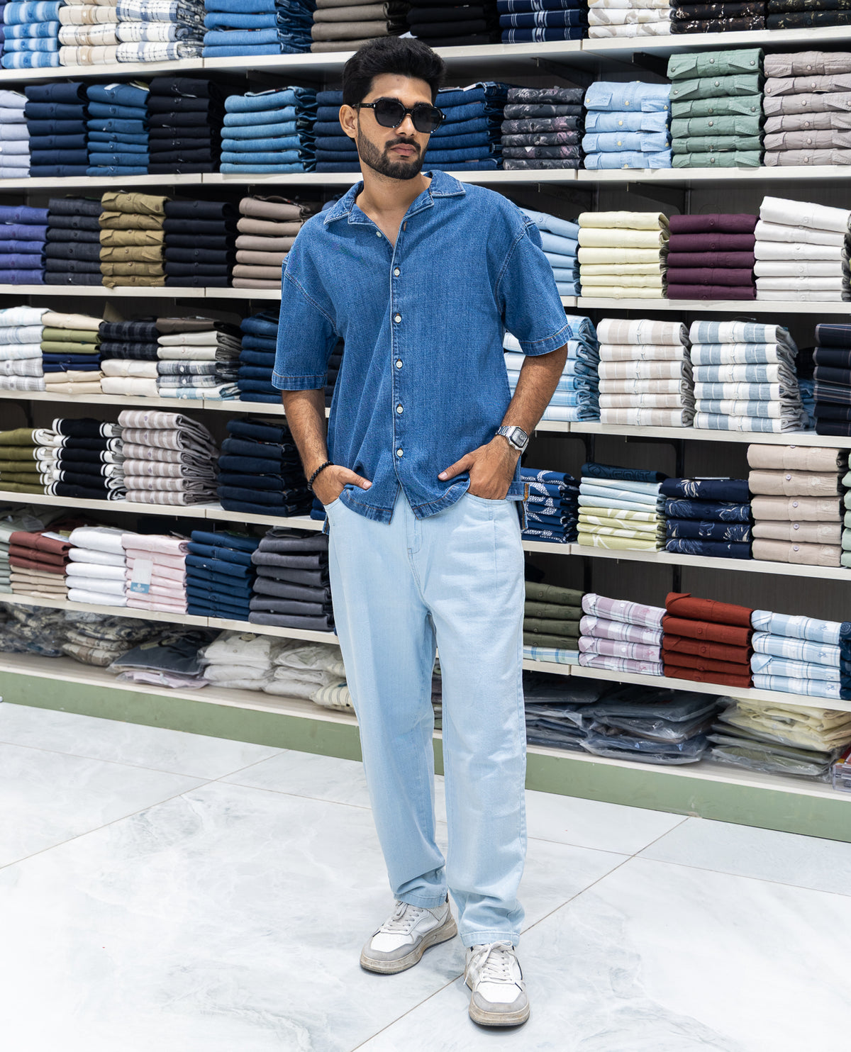 Mid Blue Solid Denim Casual Shirt