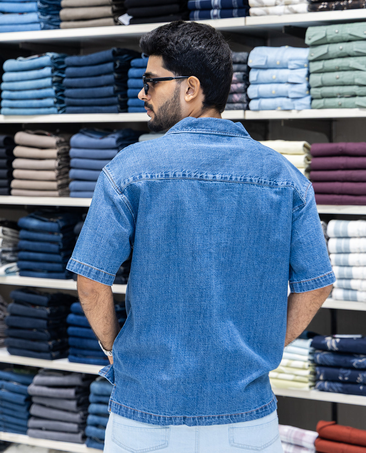 Mid Blue Solid Denim Casual Shirt