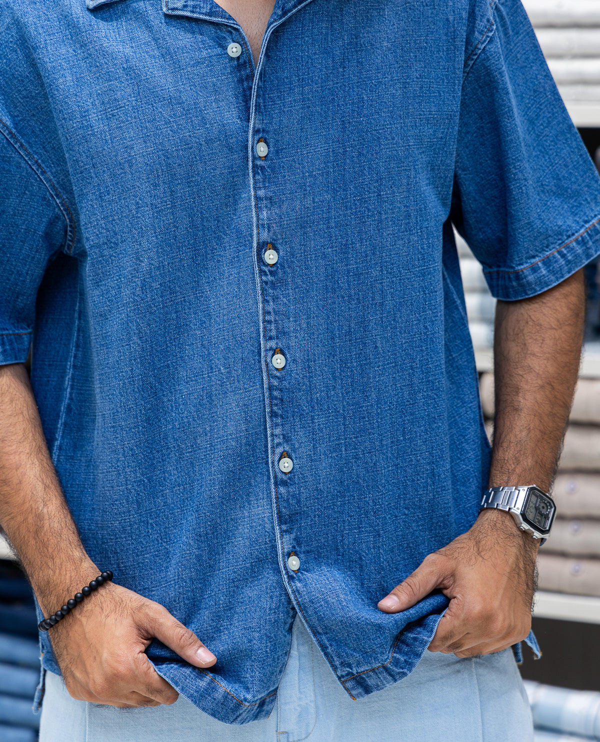 Mid Blue Solid Denim Casual Shirt