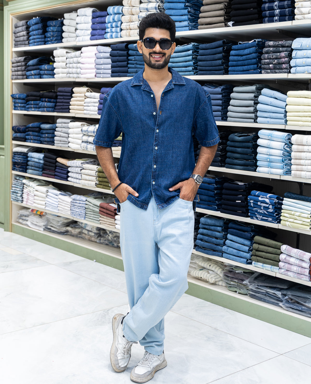 Dark Blue Solid Denim Casual Shirt