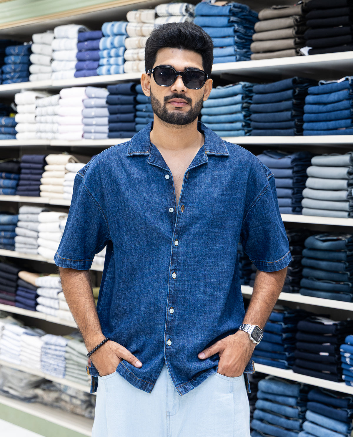 Dark Blue Solid Denim Casual Shirt