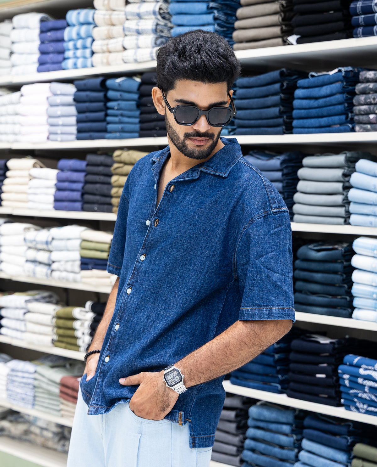 Dark Blue Solid Denim Casual Shirt