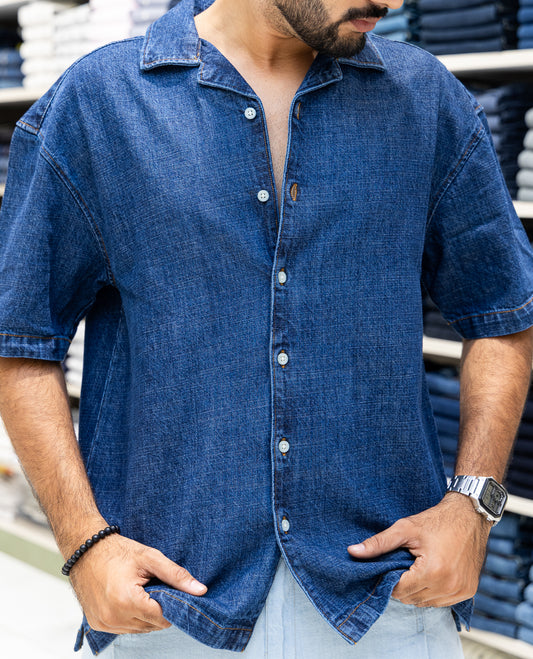 Dark Blue Solid Denim Casual Shirt