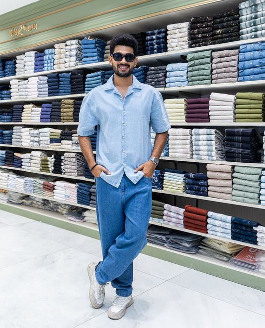 Ice Blue Solid Denim Casual Shirt