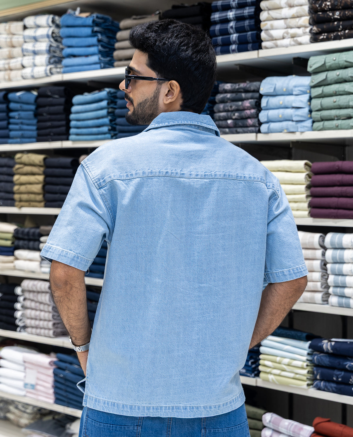 Ice Blue Solid Denim Casual Shirt