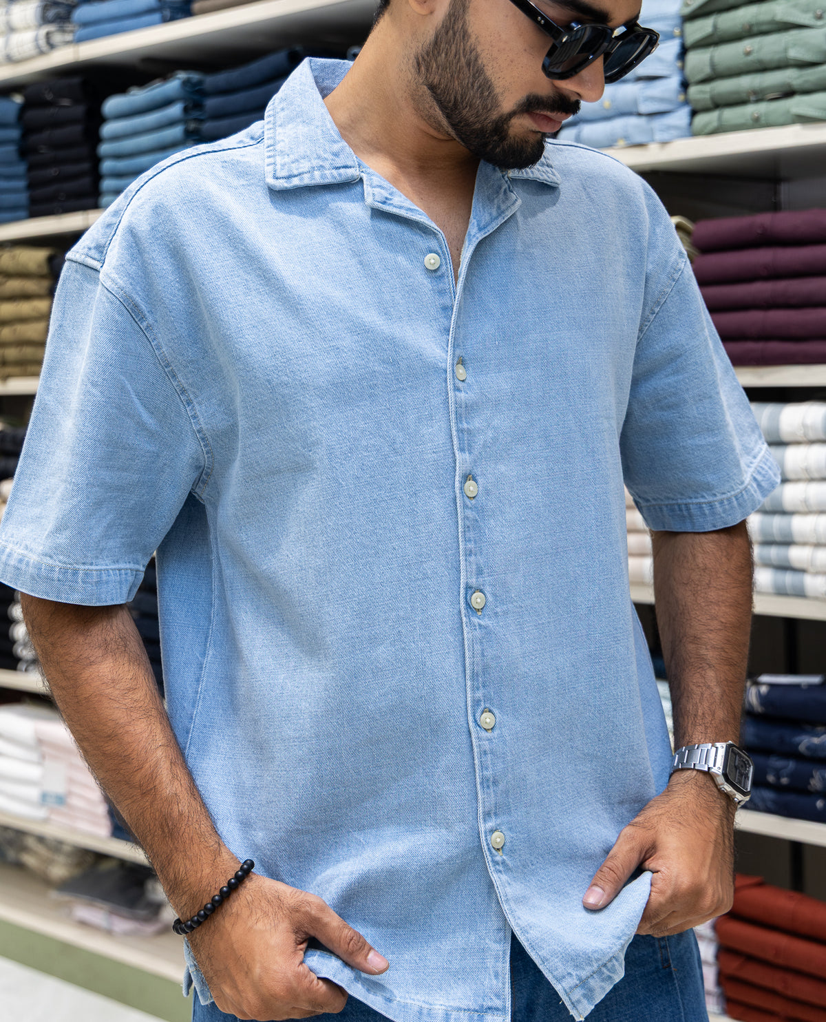 Ice Blue Solid Denim Casual Shirt