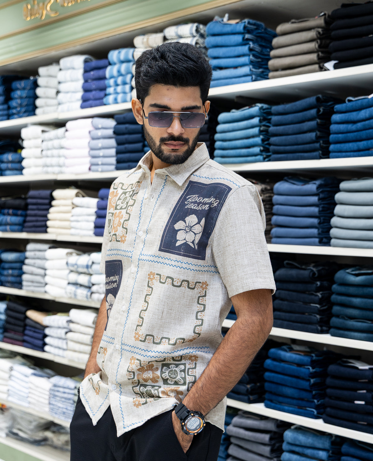 Cream Unique Print Cotton-Blended Casual Shirt