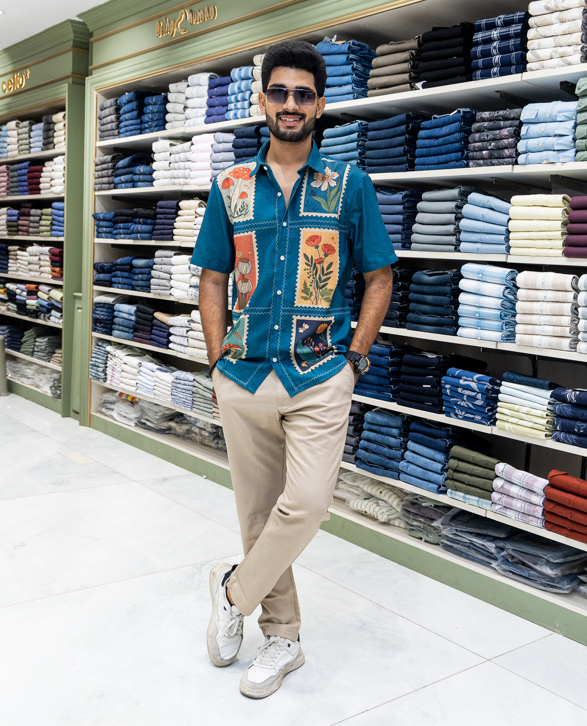 Blue Cotton-Blended Casual Shirt