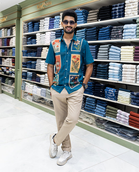 Blue Cotton-Blended Casual Shirt