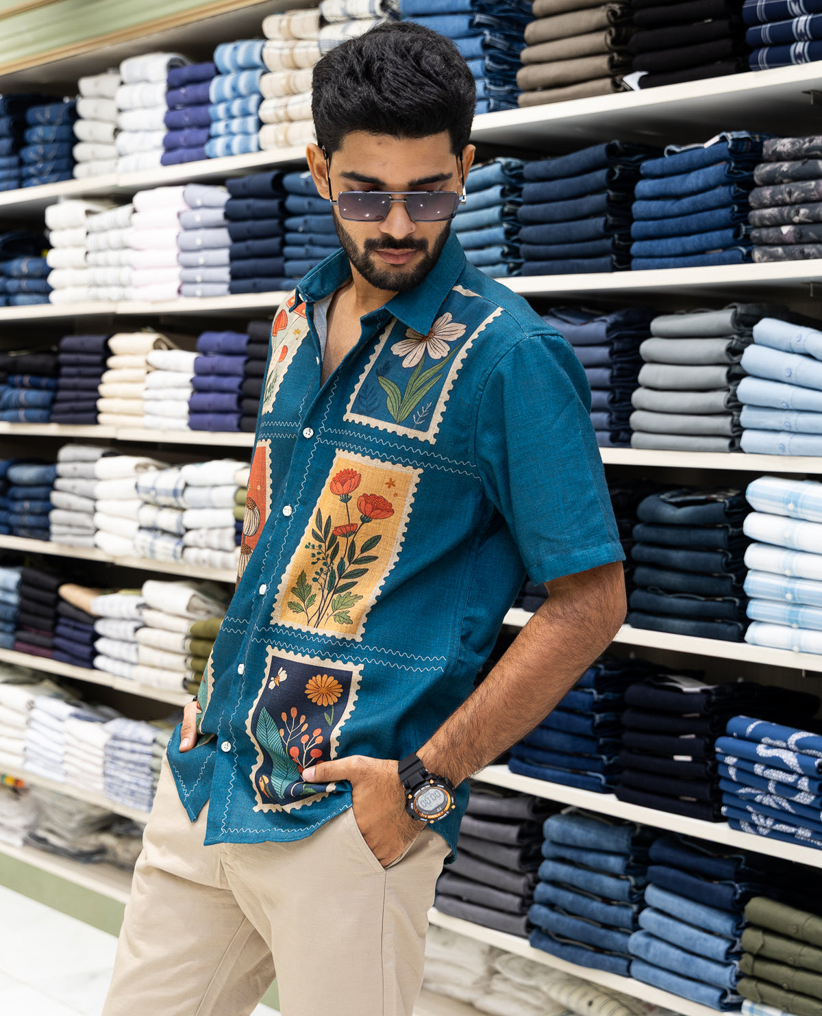 Blue Cotton-Blended Casual Shirt