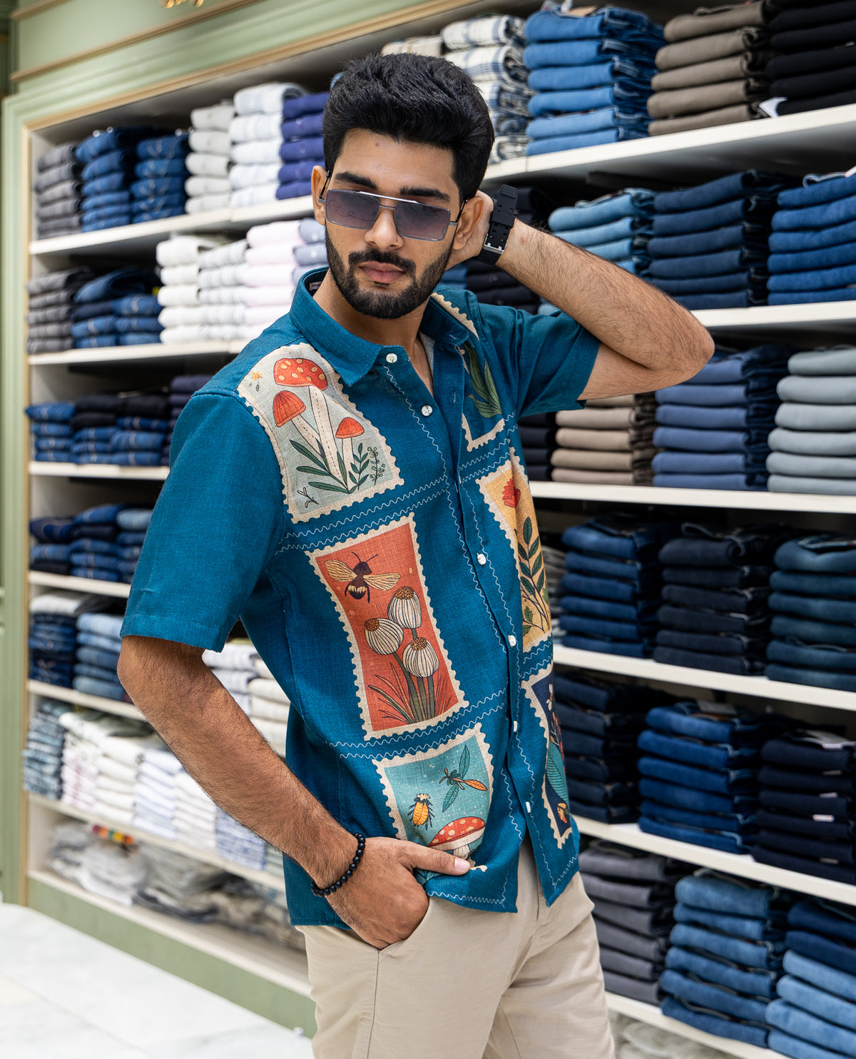 Blue Cotton-Blended Casual Shirt