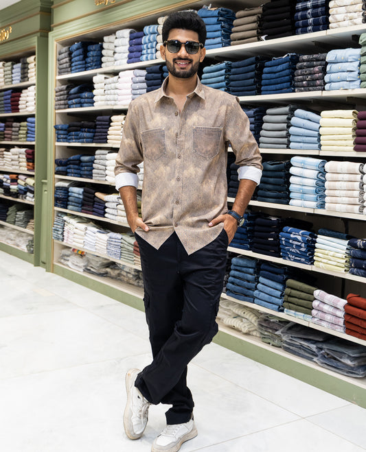 Brown Denim Cotton-Blended Casual-Shirt