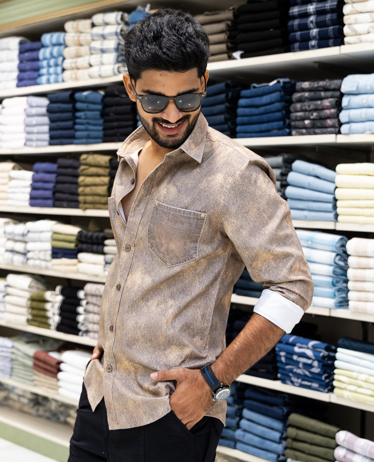 Brown Denim Cotton-Blended Casual-Shirt