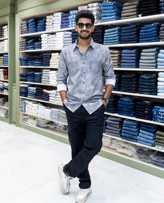 Grey Denim Cotton-Blended Casual-Shirt