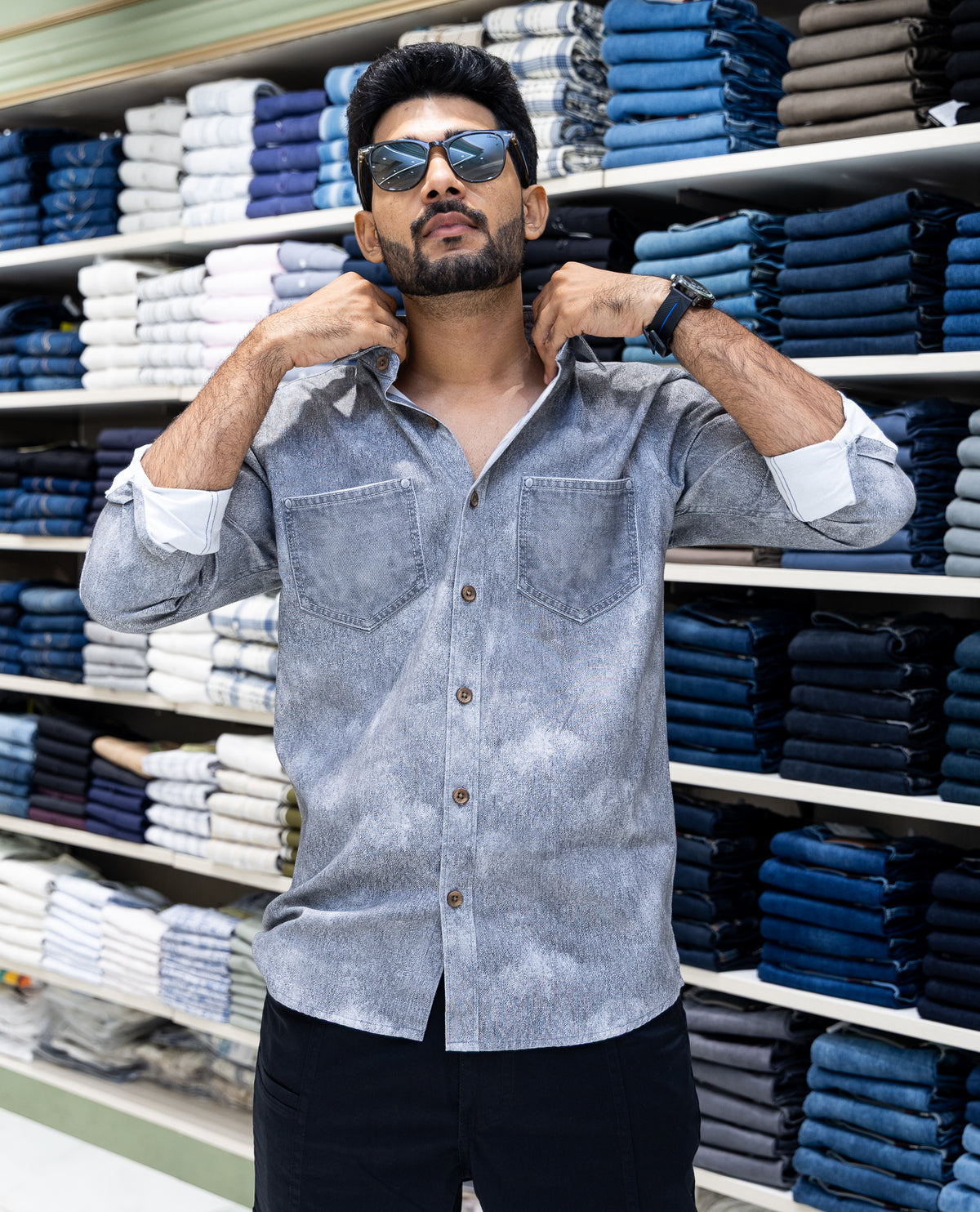 Grey Denim Cotton-Blended Casual-Shirt