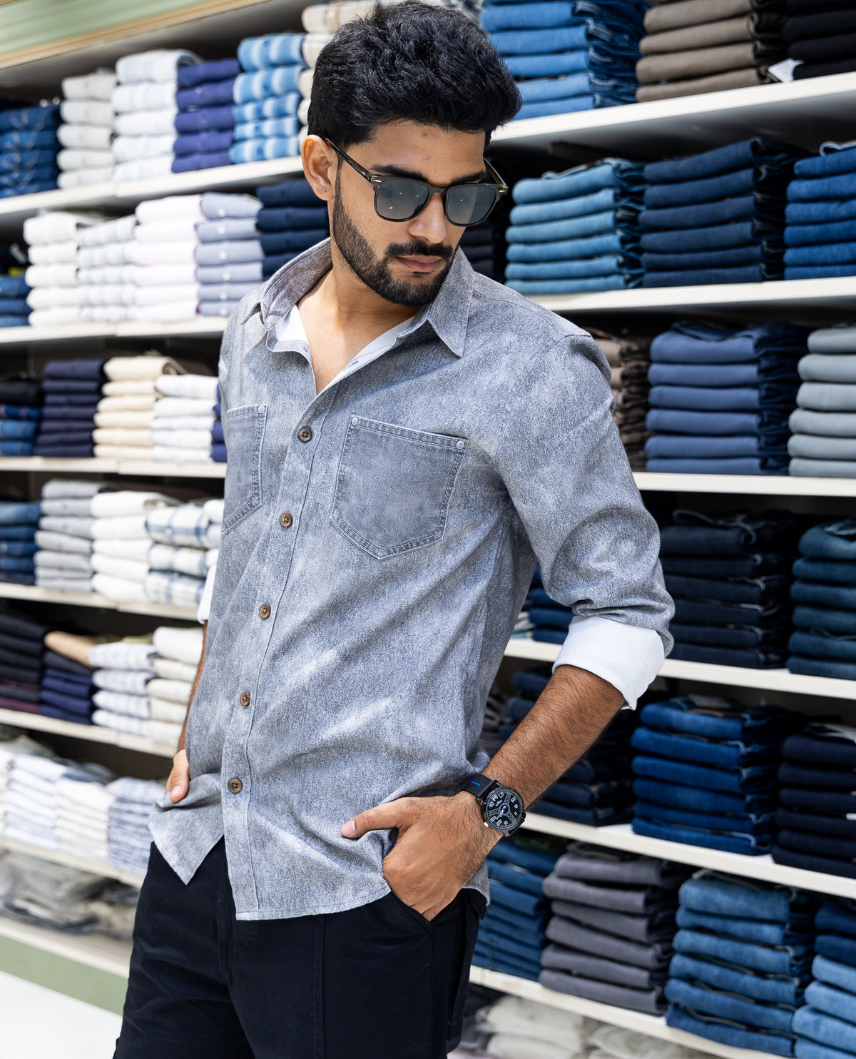 Grey Denim Cotton-Blended Casual-Shirt