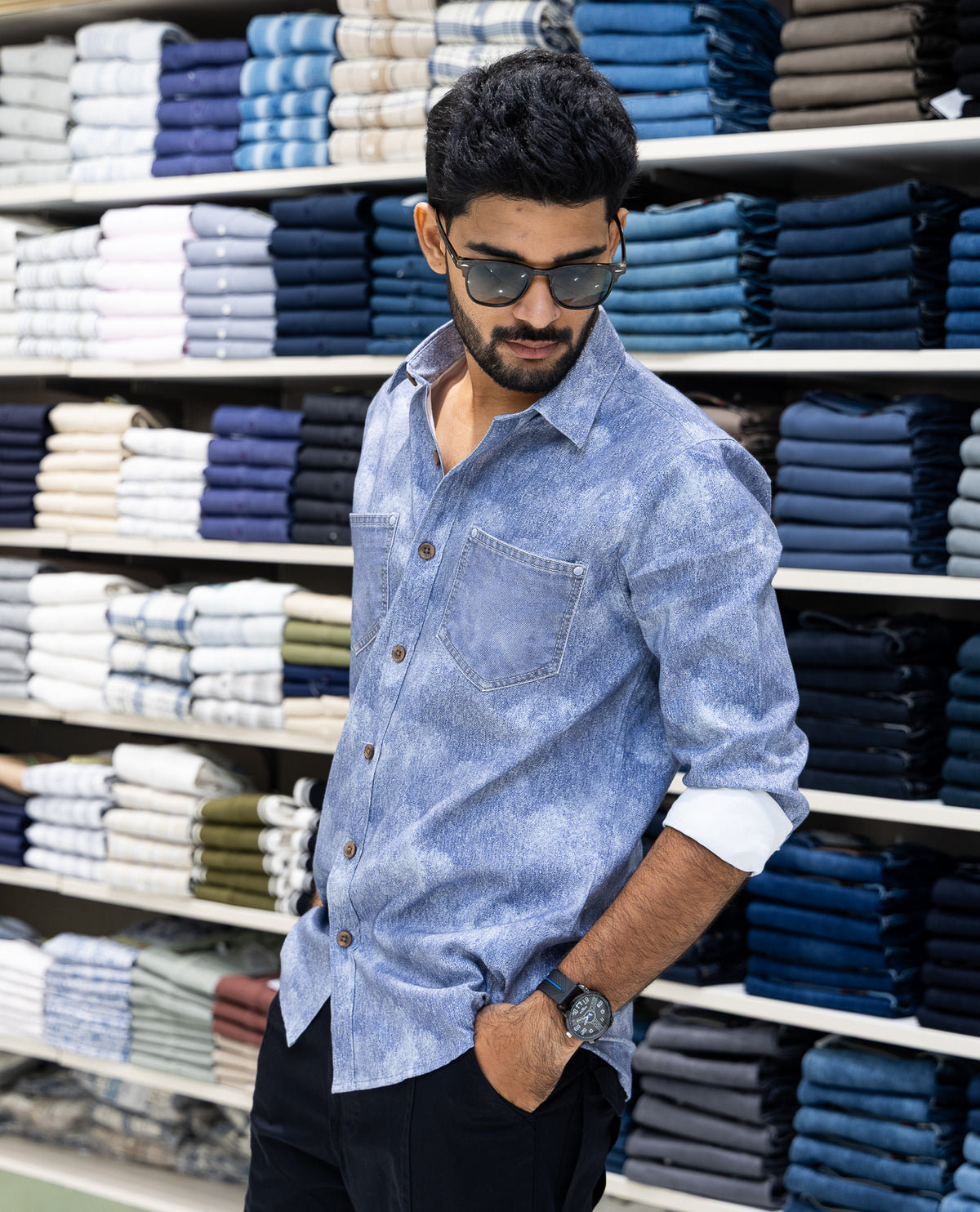 Blue Denim Cotton-Blended Casual-Shirt