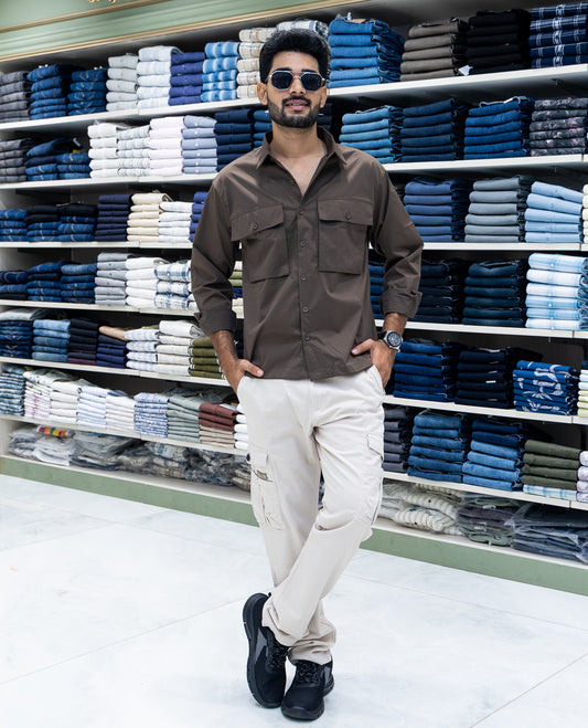 Brown Double Pockets Poly-Blended Casual Shirt