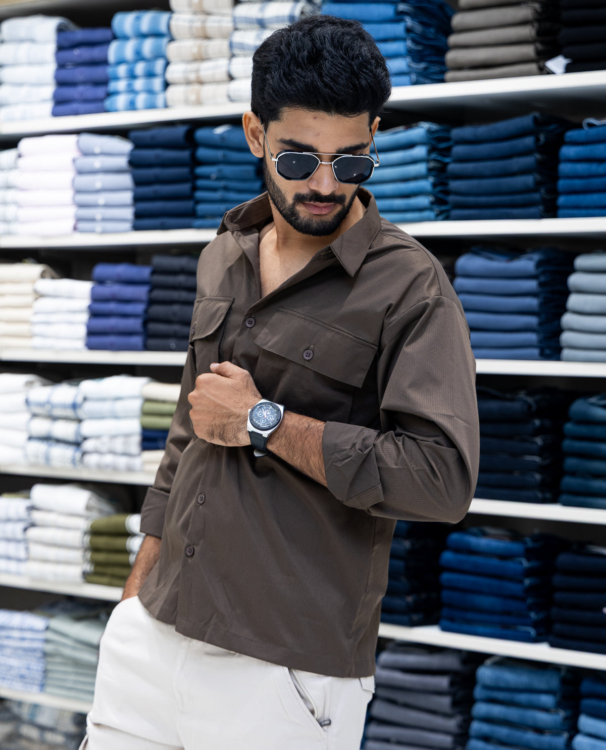 Brown Double Pockets Poly-Blended Casual Shirt