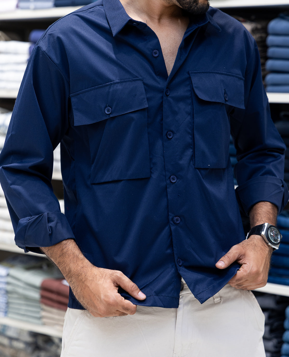 Navy Poly-Blended Casual Shirt