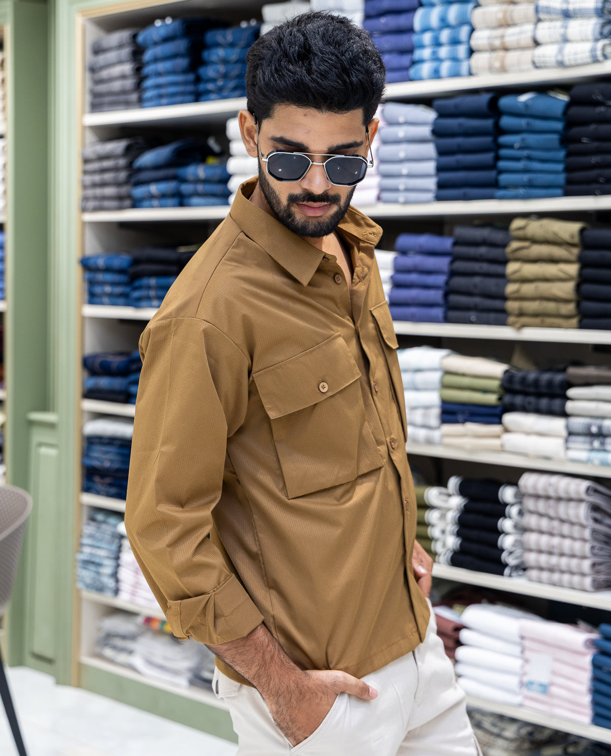 Coffee Poly-Blended Casual Shirt