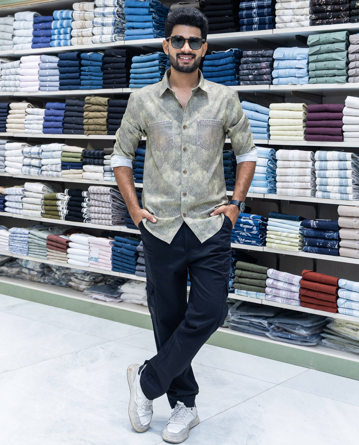 Green Denim Cotton-Blended Casual-Shirt