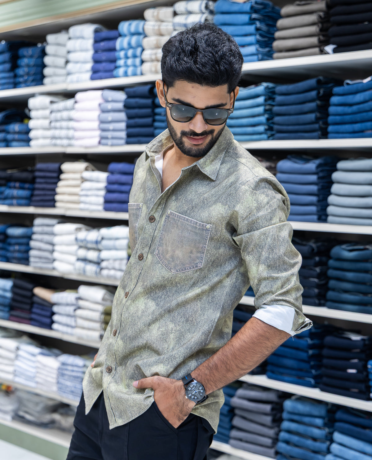 Green Denim Cotton-Blended Casual-Shirt