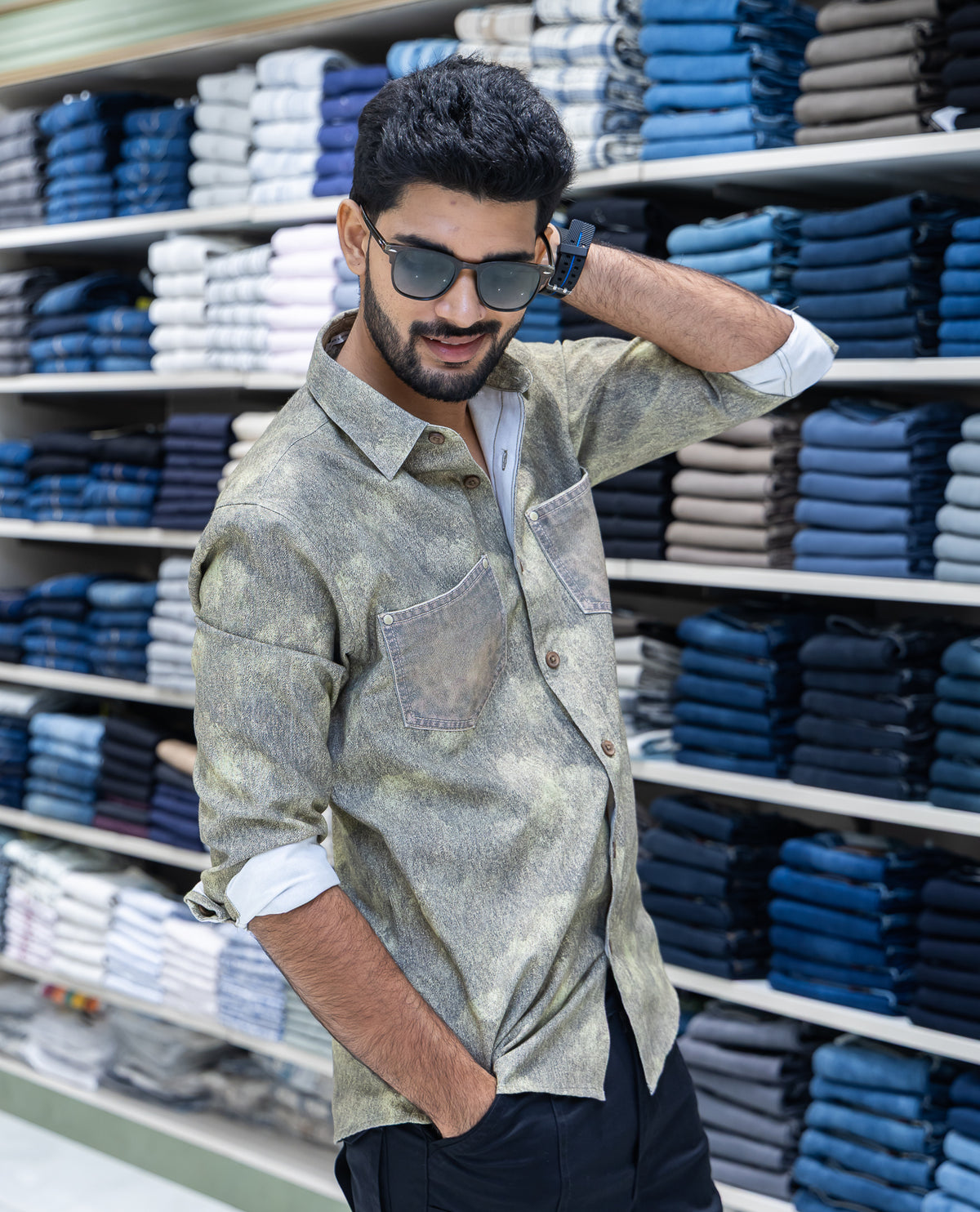 Green Denim Cotton-Blended Casual-Shirt