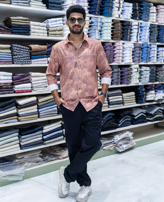 Red Denim Cotton-Blended Casual-Shirt