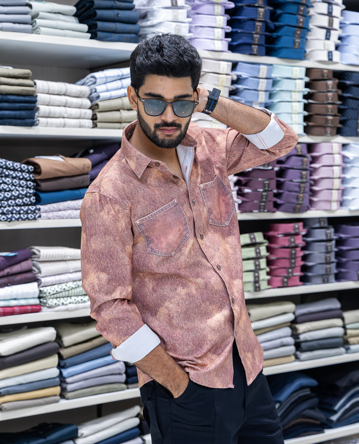 Red Denim Cotton-Blended Casual-Shirt