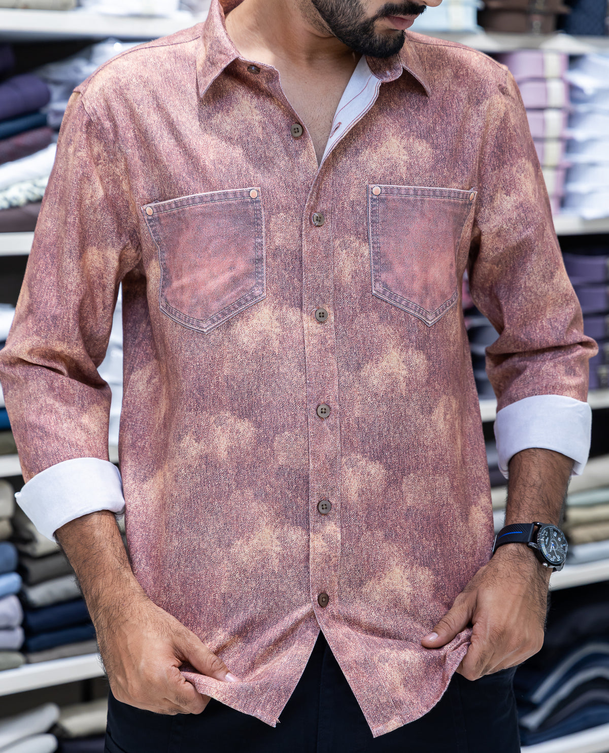 Red Denim Cotton-Blended Casual-Shirt