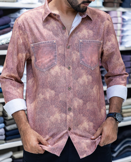Red Denim Cotton-Blended Casual-Shirt