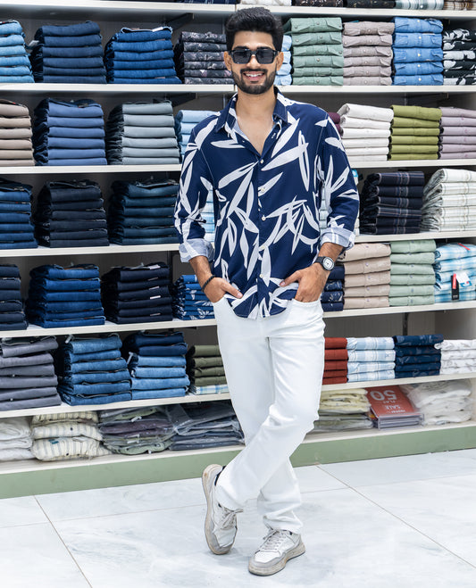 Navy Blue Viscose-Blended Casual Shirt
