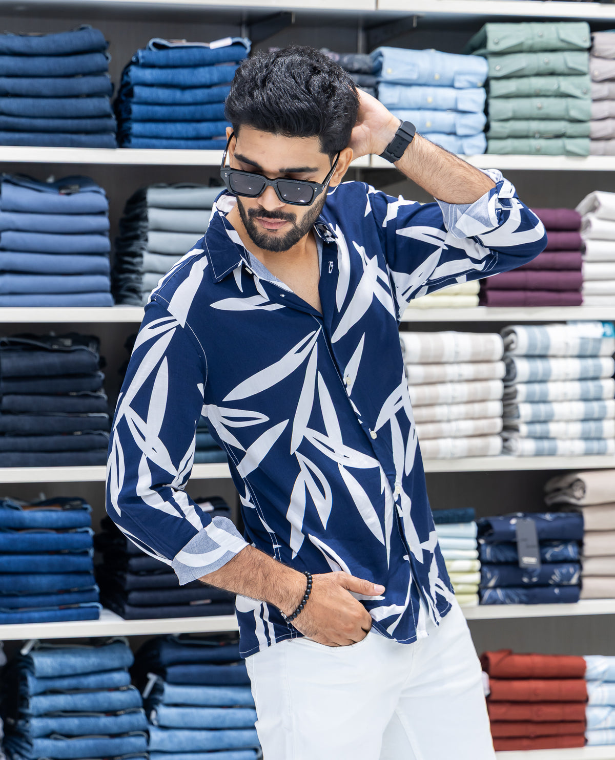 Navy Blue Viscose-Blended Casual Shirt
