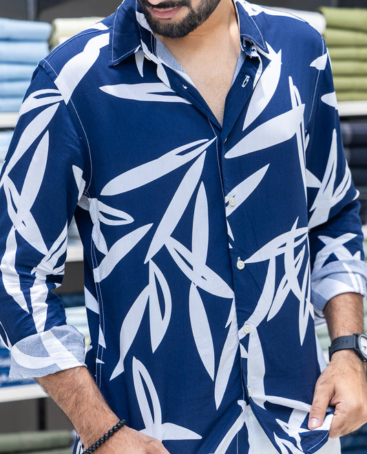 Navy Blue Viscose-Blended Casual Shirt