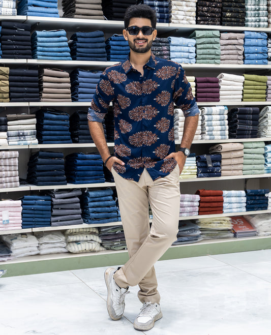 Navy Viscose-Blended Casual Shirt