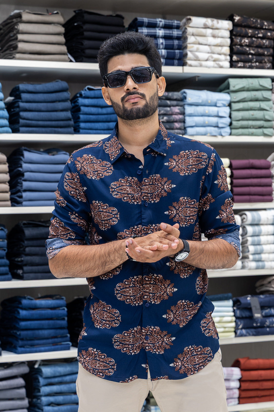 Navy Viscose-Blended Casual Shirt
