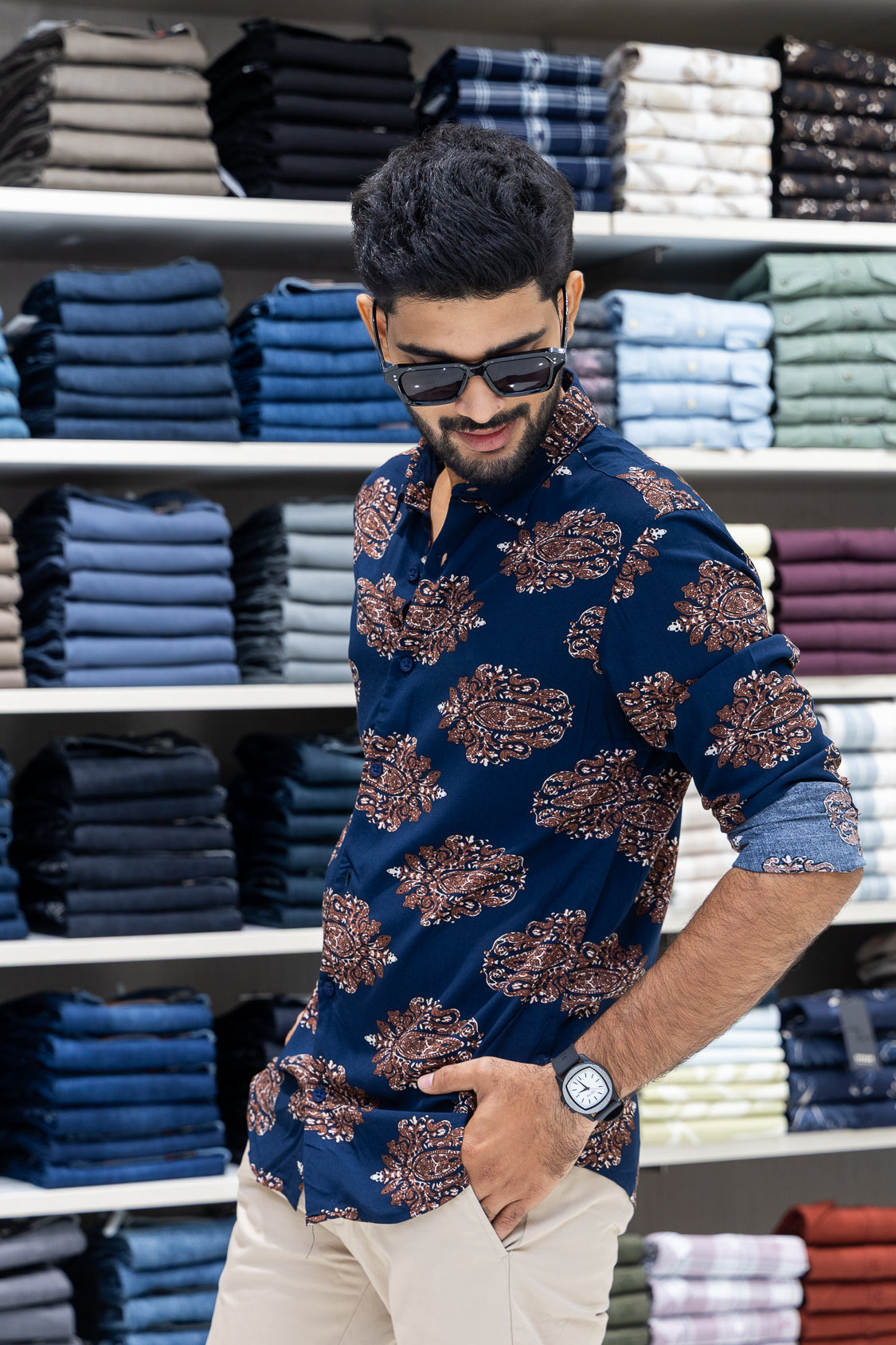 Navy Viscose-Blended Casual Shirt