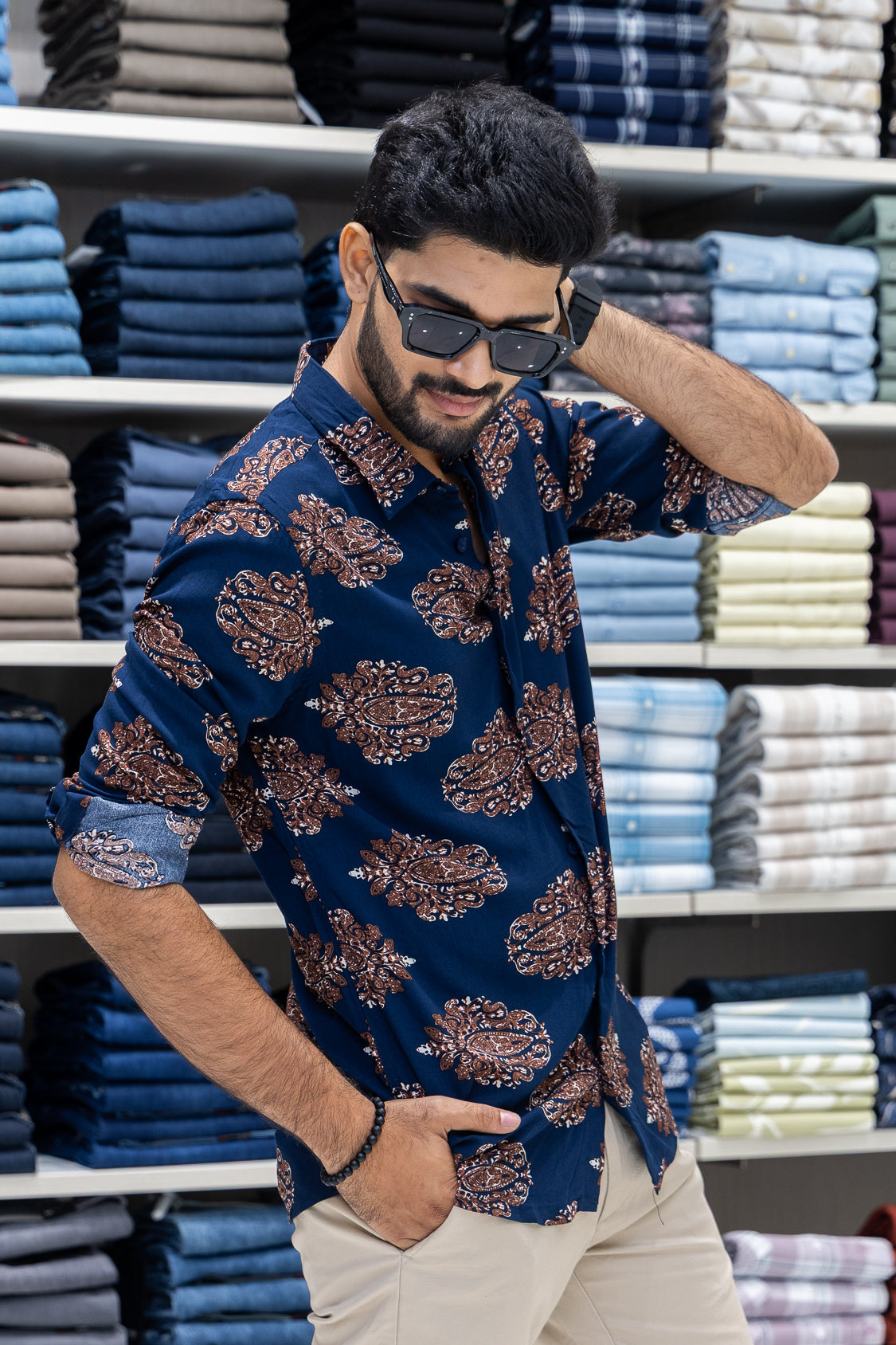 Navy Viscose-Blended Casual Shirt
